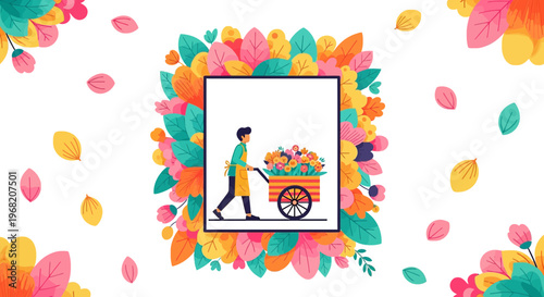 Florist pushing cart full of flowers, surrounded by floral frame, spring concept