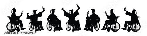 Group of disabled students in wheelchair celebrating graduation in different poses black silhouette isolated on white background flat vector illustration.