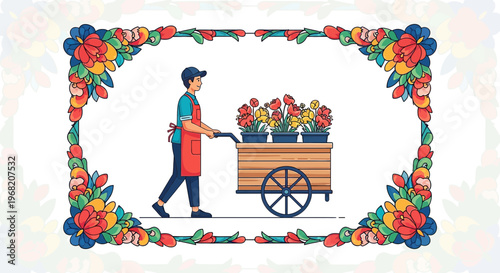 Florist Pushing Cart of Flowers within Floral Border