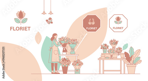 Florist Shop Illustration: Woman Arranging Flowers, Branding Elements