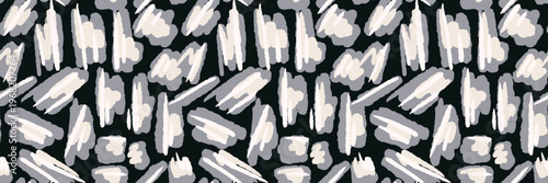 Seamless abstract pattern with bold white brush strokes on dark background. Minimal modern texture with strong contrast, ideal for textiles, packaging, branding and stylish surface design