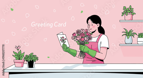 Florist Woman Holding Bouquet and Greeting Card, Pink Floral Background