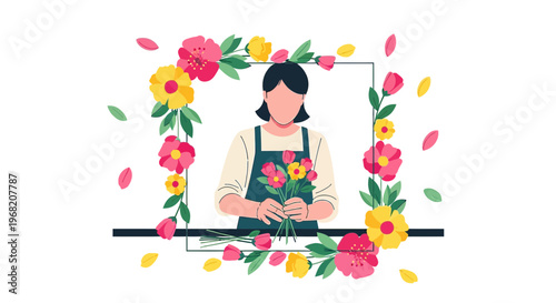 Florist Woman Arranging Flowers in Floral Frame, Creative Business Concept