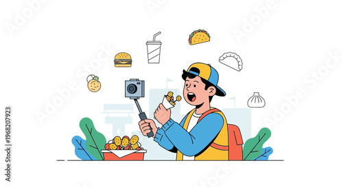 Food Vlogger Eating Fast Food While Filming on Selfie Stick, Illustration