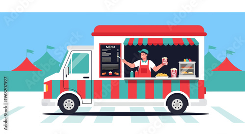 Food Truck Vendor Serving Snacks and Drinks on a Sunny Day