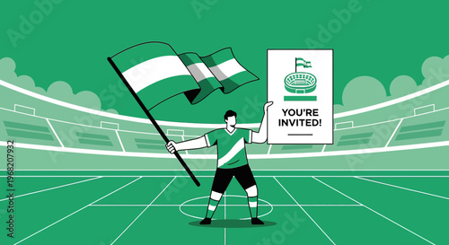 Football Fan Invites to Match Holding Flag and Invitation Card at Stadium