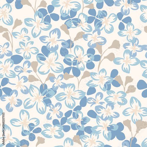 Seamless floral pattern with stylized blue and beige flowers and leaves on a soft neutral background. Perfect for textiles, wallpaper, packaging, stationery and feminine design