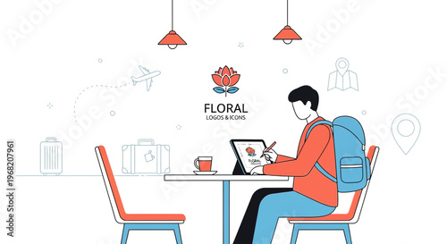 Freelancer Working on Tablet in Cafe with Travel Icons