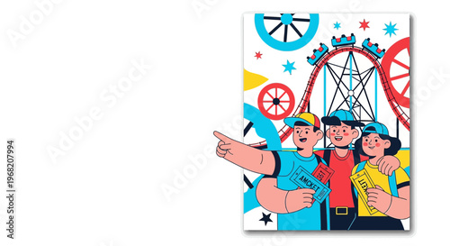 Friends at Amusement Park, Roller Coaster Ride Joyful Experience