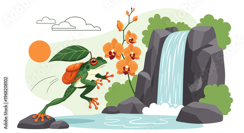 Frog Backpacking to Waterfall with Orange Orchid Flowers Illustration