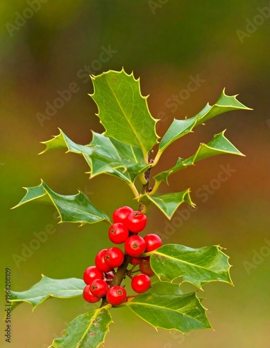 Close-up shot of a holly branch with vibrant green leaves and a cluster of bright red berries, set against a blurred background