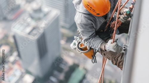 Urban skyscraper maintenance worker in safety gear on high-rise building
