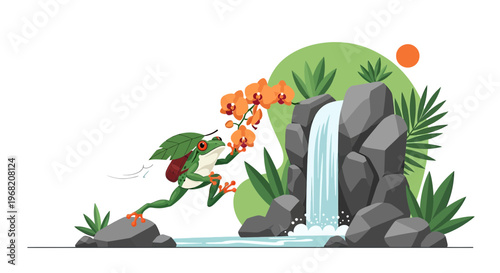 Frog Carrying Orchid and Leaf Backpack near Waterfall