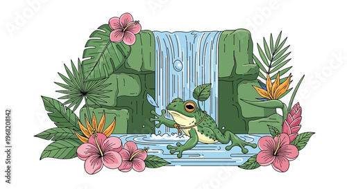 Frog near waterfall in tropical jungle with exotic flowers, illustration