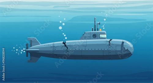 A damaged grey submarine with cracks on its hull sinking underwater, with bubbles rising from the vessel.