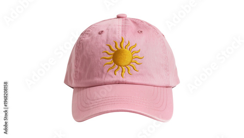 Quadro em tela Soft pink corduroy baseball cap with embroidered golden sun rays, isolated on tr