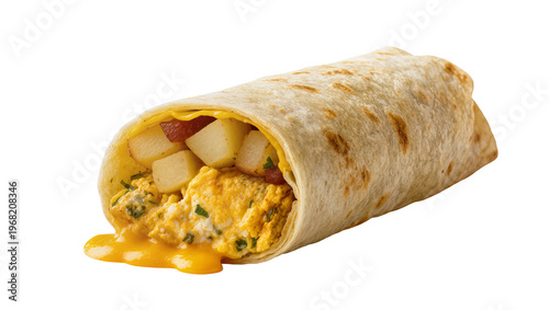 Photos Hearty breakfast burrito filled with scrambled eggs diced potatoes and melted ch