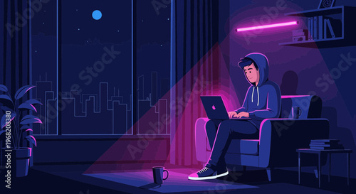 Gamer Working Late Night on Laptop in Neon Lit Room, Cityscape View