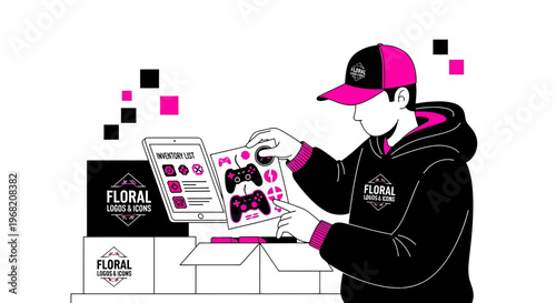 Gamer unboxing video game controllers and merchandise with floral logo