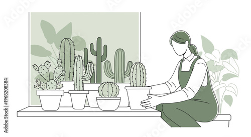Gardener Arranging Cacti Collection, Indoor Plant Care, Minimalist Line Art Illustration