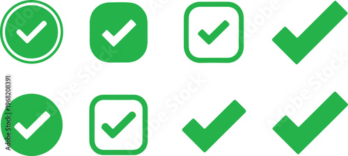 Collection of green check mark icons and symbols with approved selection positive verified agreement