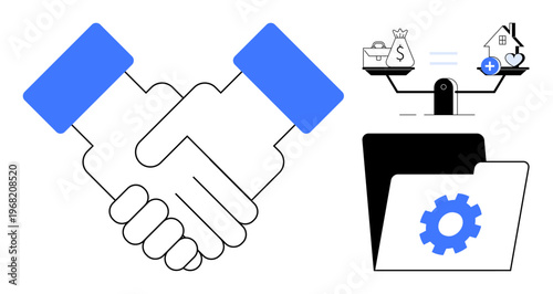 Business partnership. Strong handshake collaboration alongside financial balance and data management icons. Business partnership ensures effective teamwork and decision-making. For business, finance