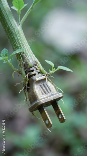 Energy shock esg environmental transition concept, old power plug fused to green plant stem outdoors with blurred background and growth