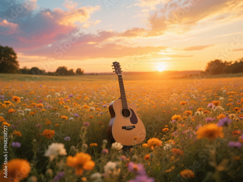 Guitar with Magnificent Sky Sunset