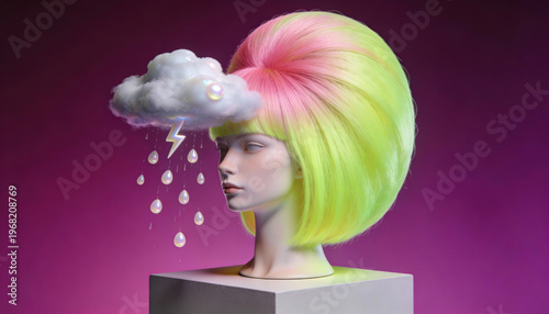 A mannequin head features a vibrant yellow and pink updo with a surreal touch of a floating cloud adorned with raindrops and a lightning bolt against a colorful studio backdrop