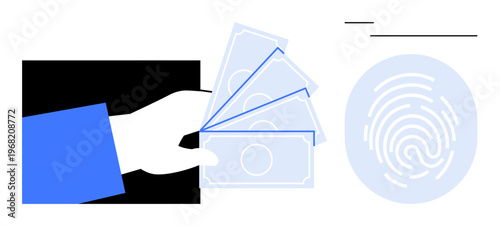 Digital security, online payments, identity verification, financial technology, biometrics, authentication. Hand holding cash with a fingerprint icon. Digital security and online payments concept