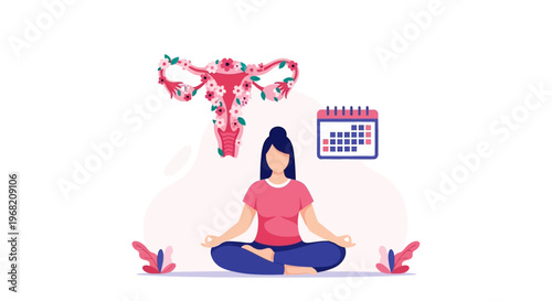 Woman meditating for reproductive health, uterus with flowers, calendar, self-care, wellness