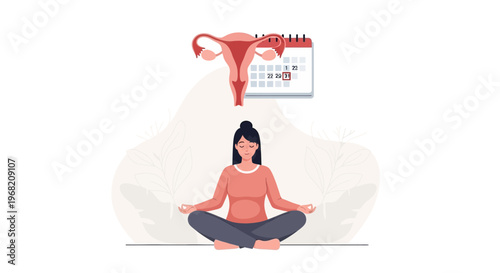 Woman meditating for menstrual cycle health, uterus and calendar in background