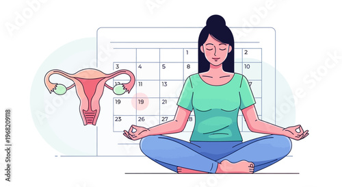 Woman meditating in front of calendar and uterus illustration, representing menstrual cycle and wellness