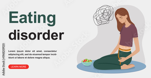 Horizontal banner with sad young woman measuring her waist. Concept of eating disorder and body image issues. 