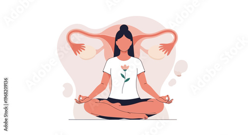 Woman meditating in lotus pose with uterus illustration, female reproductive health and wellness