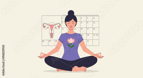 Woman Meditating in Lotus Pose Near Uterus Diagram and Calendar, Menstrual Cycle Concept