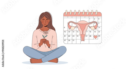 Woman Meditating Near Uterus Calendar, Menstrual Cycle Awareness, Reproductive Health