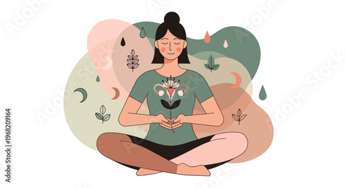 Woman meditating peacefully with flower in hands, surrounded by nature elements and abstract shapes.