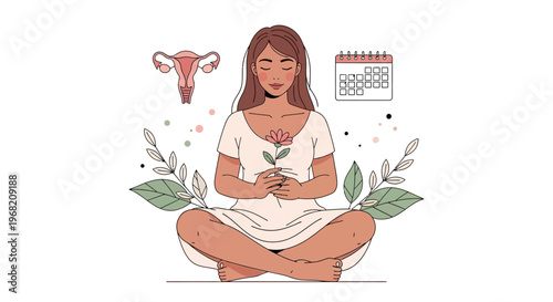 Woman meditating with flower, uterus and calendar symbols, representing women's health and cycle