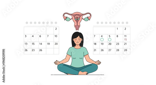 Woman meditating with uterus and calendar, symbolizing menstrual cycle tracking and wellness