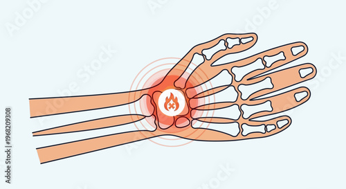 Wrist Pain And Inflammation Illustration: Hand Bones With Red Heat Rings And Fire Icon