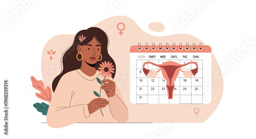 Woman with flower near uterus and calendar, concept of menstrual cycle and women's health