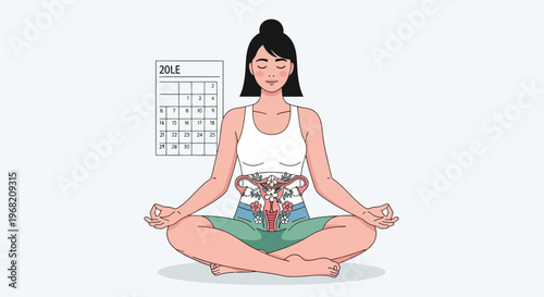 Woman meditating, visualizing healthy reproductive system, menstrual cycle calendar in background