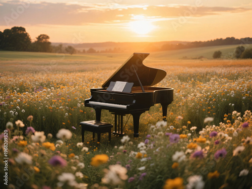 Piano with Magnificent Sky Sunset