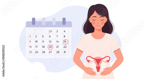 Woman's health, fertility, and menstrual cycle tracking with calendar and uterus illustration