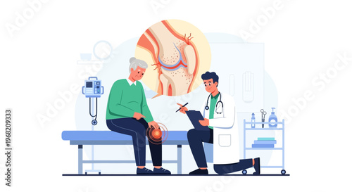 Doctor examines elderly patient with knee pain, joint inflammation shown in diagram