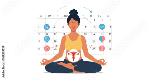 Woman meditating, visualizing menstrual cycle and reproductive health with calendar background