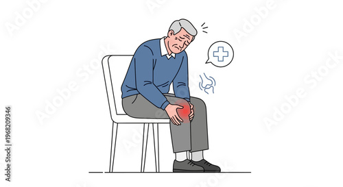 Elderly man sitting on a chair, holding his painful knee with a red highlighted area, medical symbol