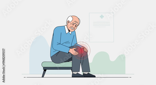 Elderly man suffering from knee pain, sitting on a bench in a doctor's office, medical concept.
