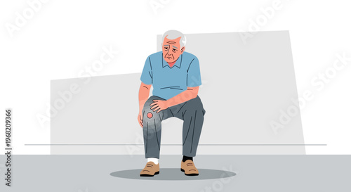 Elderly man with knee pain sitting, holding his painful knee